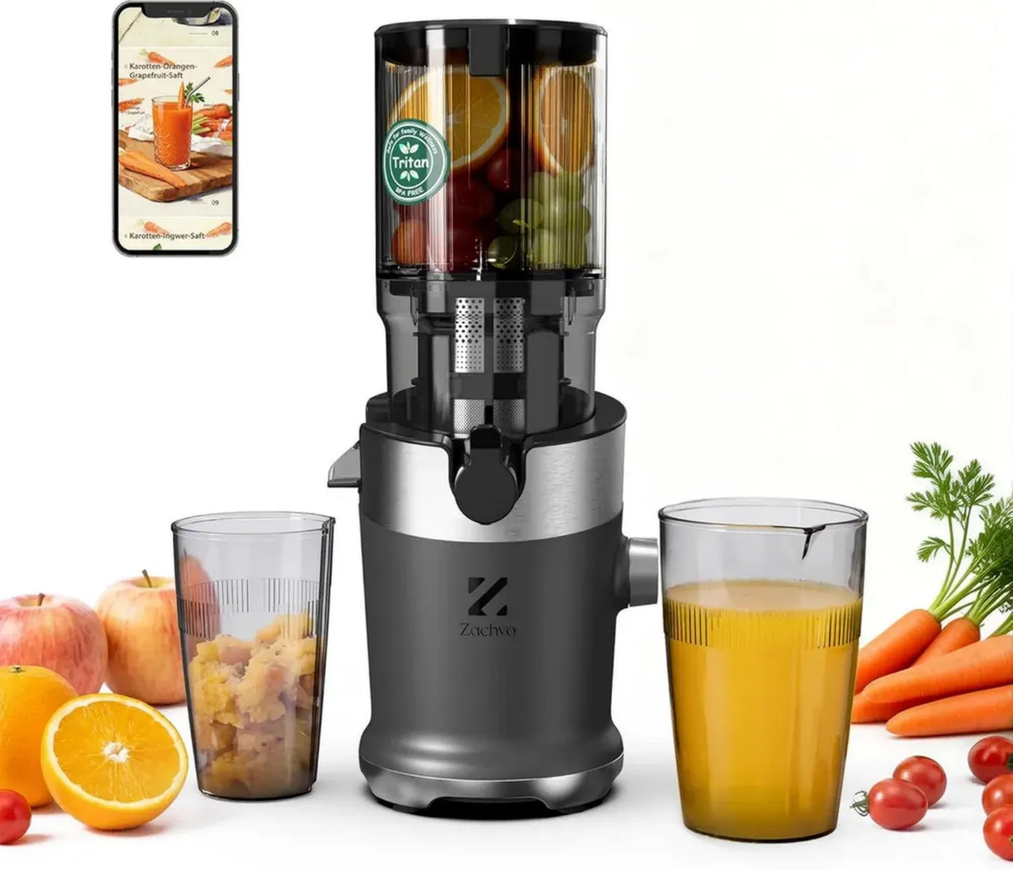 Presse-agrumes lent 220W, ouverture XL 130 mm, Tritan sans BPA, pour fruits et légumes entiers, facile à nettoyer